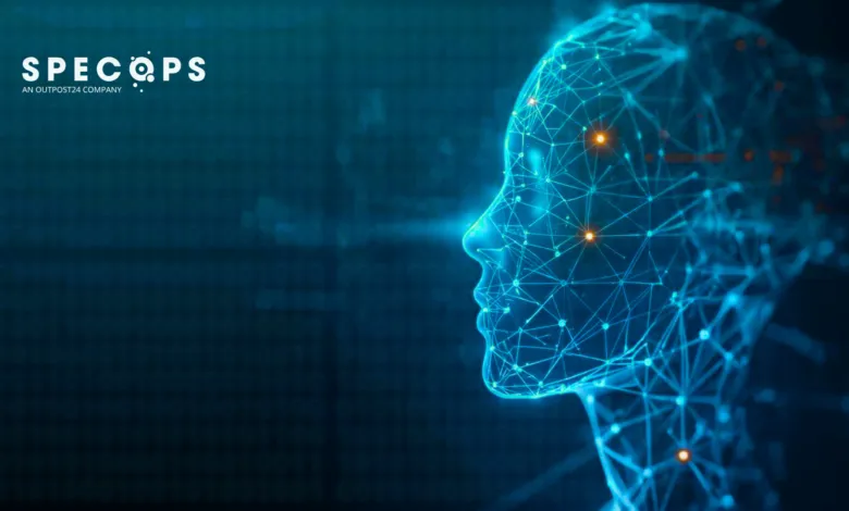 Abstract digital head profile with glowing nodes and connections.