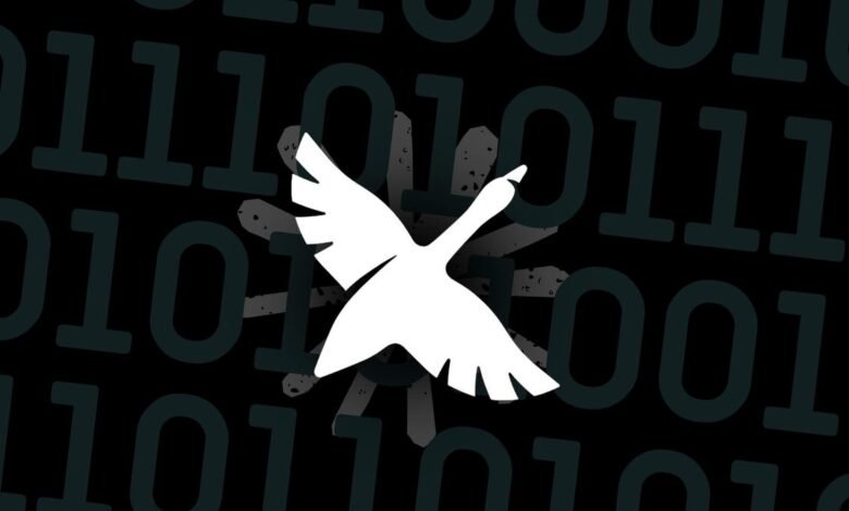 Goose logo in white against a binary code background.