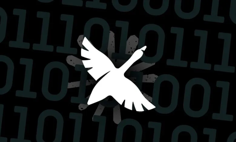 Goose logo in white against a binary code background.