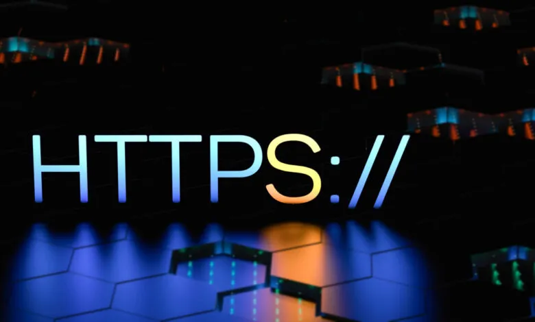 HTTPS text with glowing 'S' on dark hexagonal background.