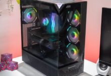 iBuyPower Element 9 Pro gaming PC with RGB fans and glass side panel.