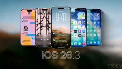 Five iPhones displaying different iOS 26.3 features, showcasing various app interfaces.