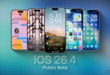 Five iPhones displaying different screens of iOS 26.4 Public Beta.