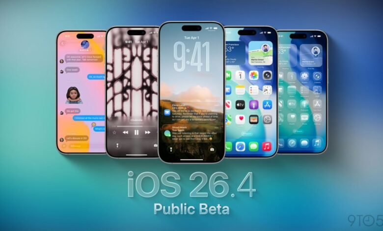 Five iPhones displaying different screens of iOS 26.4 Public Beta.