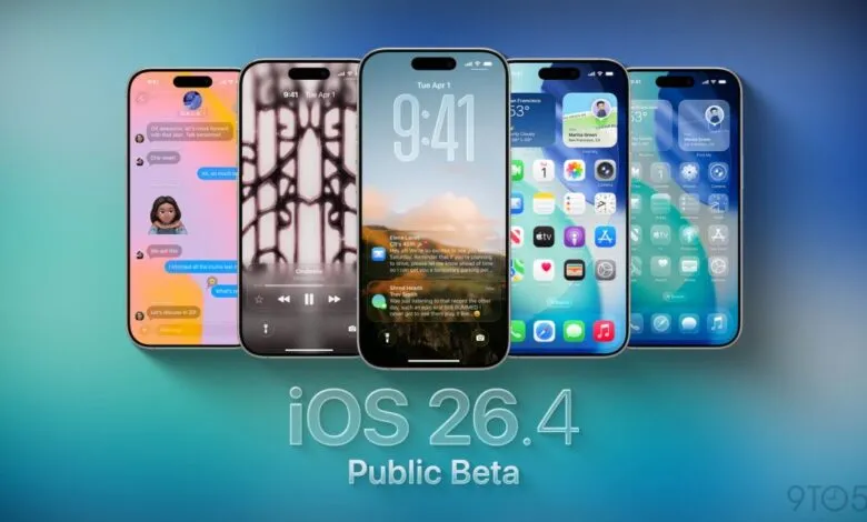 Five iPhones displaying different screens of iOS 26.4 Public Beta.