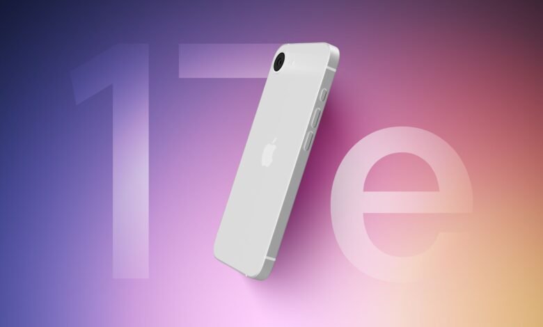Silver smartphone with Apple logo on a gradient background with '17e' text.