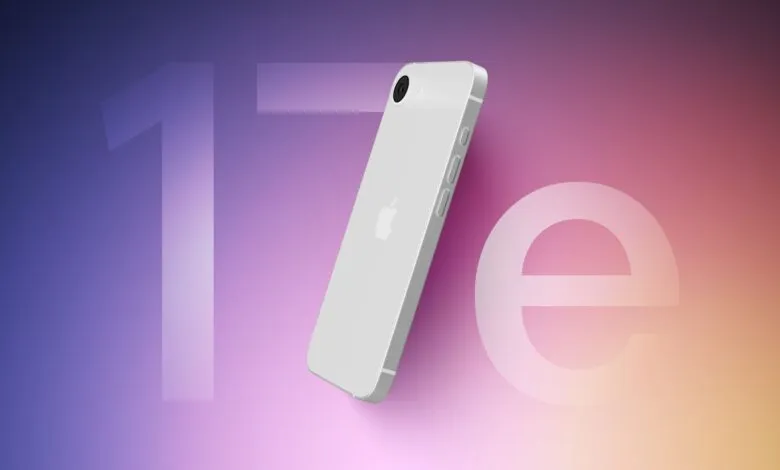 Silver smartphone with Apple logo on a gradient background with '17e' text.