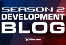 iRacing Season 2 Development Blog graphic with racing imagery.
