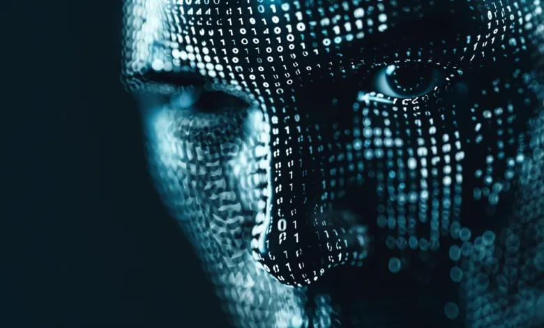 Human face overlaid with binary code, symbolizing digital identity.
