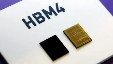 Close-up of HBM4 memory chips on a white surface.