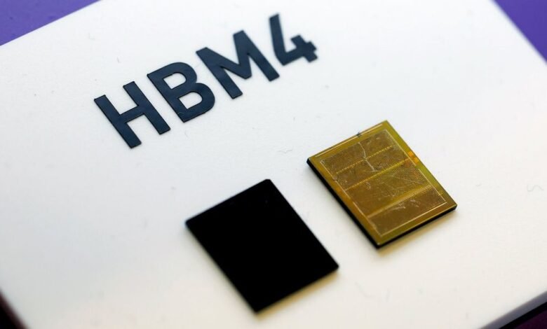 Close-up of HBM4 memory chips on a white surface.