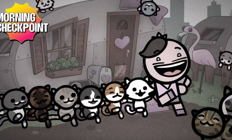 Cartoon image of a person and cats in front of a trailer with 'Morning Checkpoint' text.