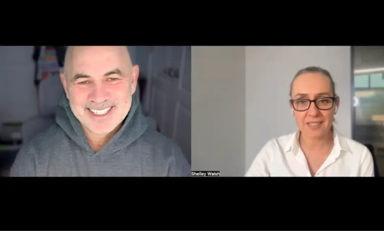 Split screen shows Grant Simmons and Shelley Walsh in a video call.