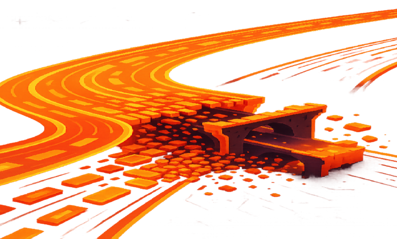 Orange pixelated road collapsing into blocks with a bridge over black.