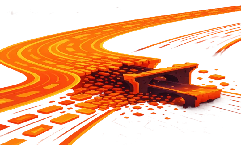Orange pixelated road collapsing into blocks with a bridge over black.