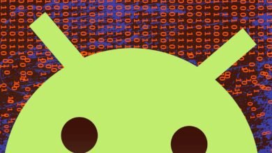 Android logo overlayed on binary code background.