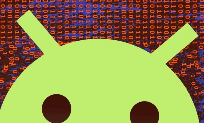 Android logo overlayed on binary code background.
