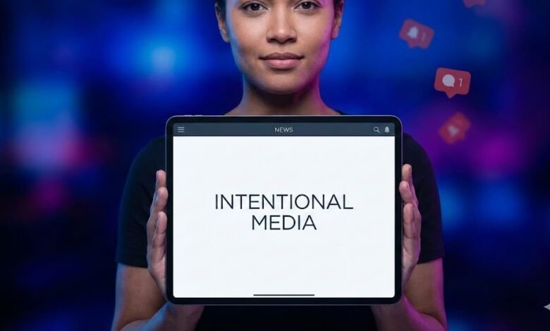 Person holding tablet displaying 'Intentional Media' against a blurred background.