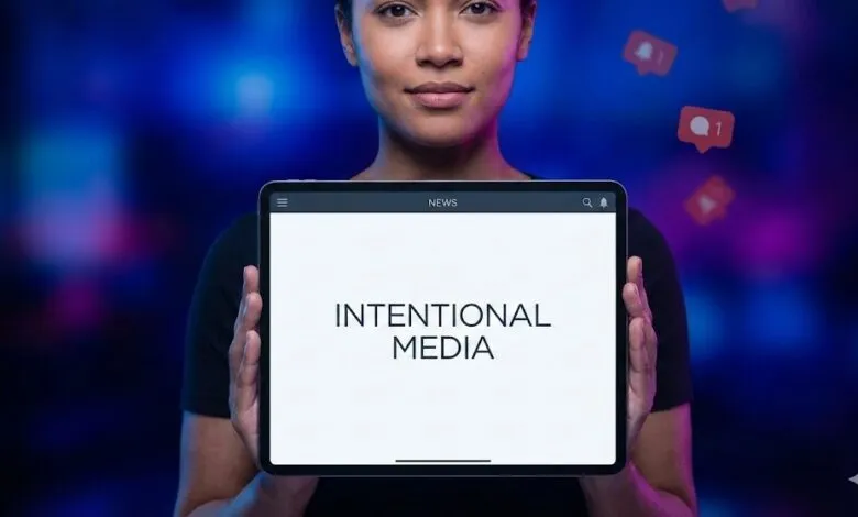 Person holding tablet displaying 'Intentional Media' against a blurred background.