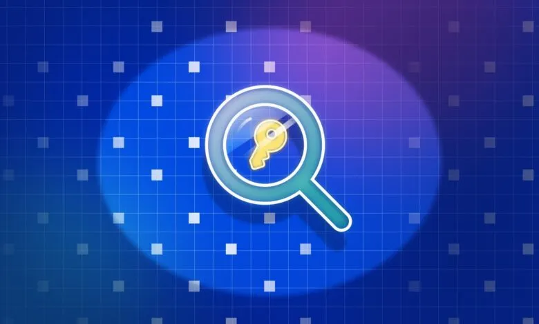 Magnifying glass with a key inside on a blue grid background.