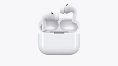 AirPods Pro in charging case, two earbuds resting inside, white background.