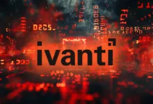 Ivanti logo with digital red code background, creating a tech-focused visual.