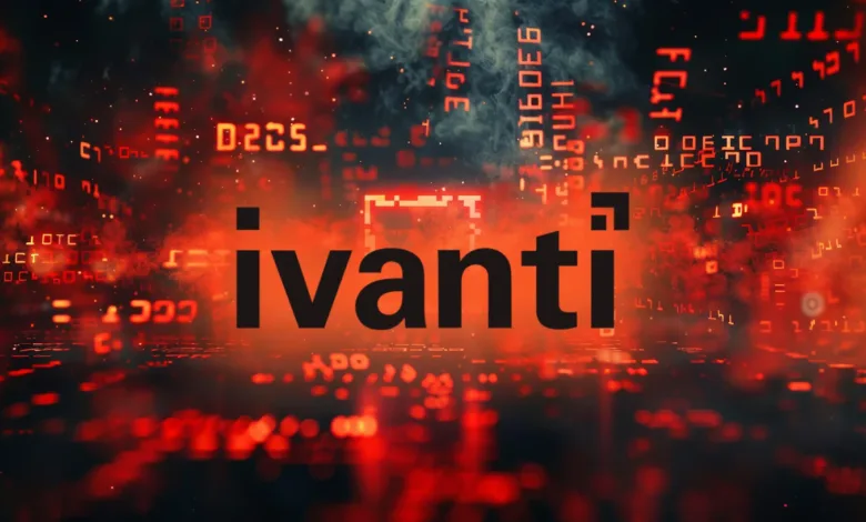 Ivanti logo with digital red code background, creating a tech-focused visual.