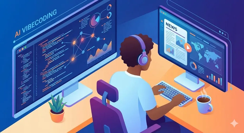 Person coding with dual monitors displaying code and news, wearing headphones.
