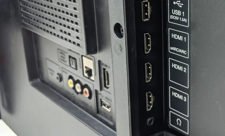 Close-up of TV back panel showing ports: USB, HDMI, audio, and ethernet.