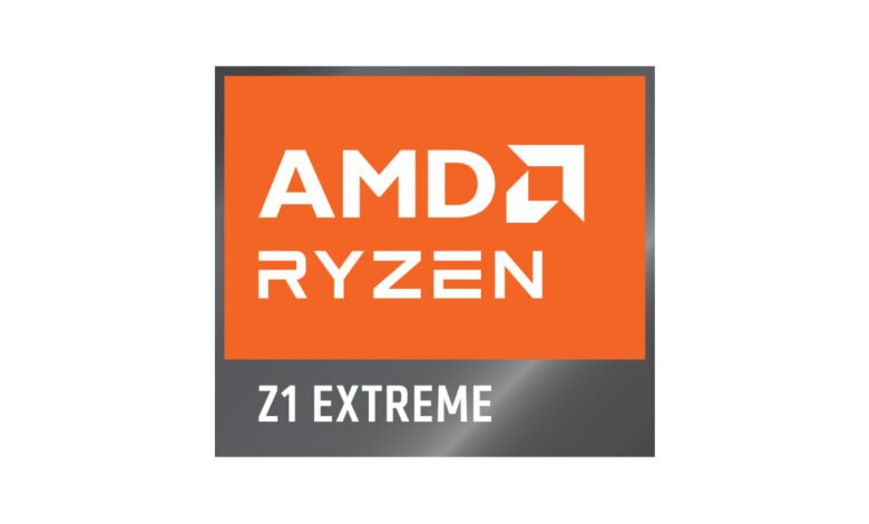 AMD Ryzen Z1 Extreme logo on orange and gray background.