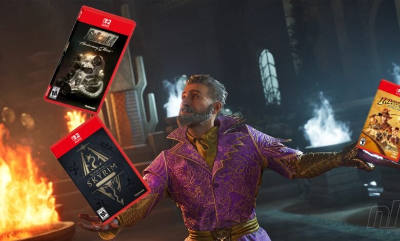 Man in ornate purple coat juggling Fallout 4, Skyrim, and Indiana Jones Switch games.