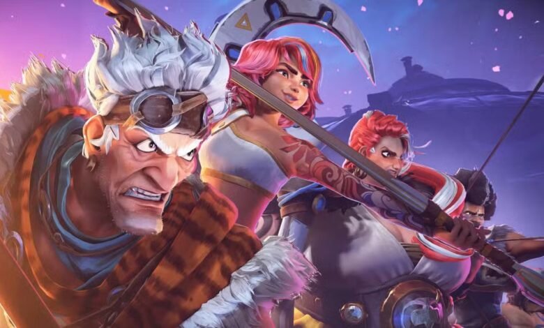 Four stylized characters with weapons stand ready against a purple and pink backdrop.