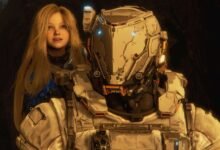Girl with long blonde hair next to a person in futuristic armor.