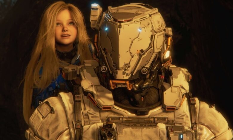 Girl with long blonde hair next to a person in futuristic armor.