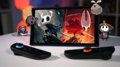 Nintendo Switch displays Hollow Knight: Silksong, surrounded by character art.