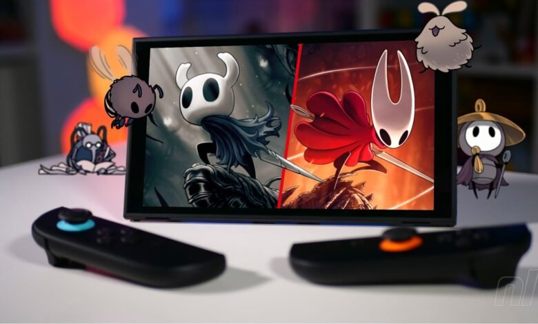 Nintendo Switch displays Hollow Knight: Silksong, surrounded by character art.