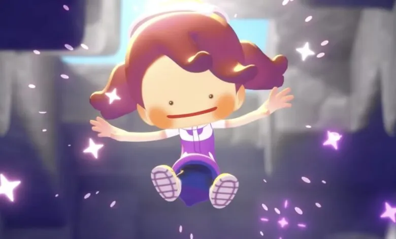 Animated girl with pigtails floating amidst glowing stars.