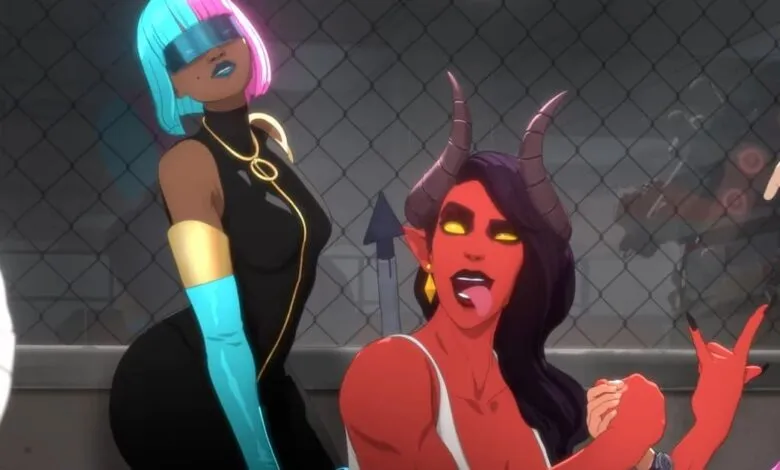 Animated scene with a woman in futuristic visor and a red-skinned devil.