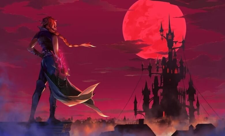 Character stands before a castle under a large red moon, fantasy art.