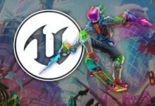 Skateboarder with futuristic gear jumps in front of the Unreal Engine logo.