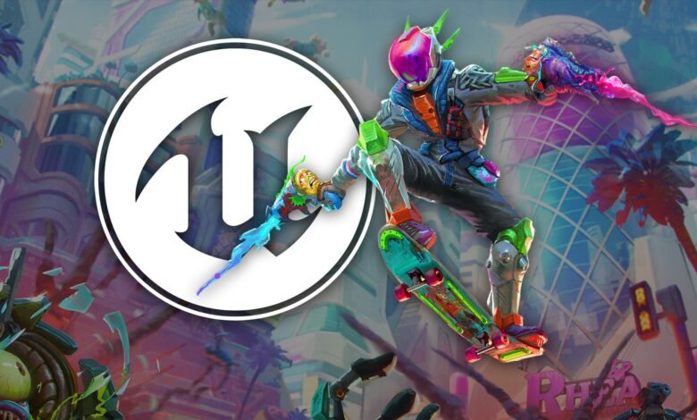 Skateboarder with futuristic gear jumps in front of the Unreal Engine logo.