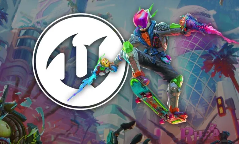 Skateboarder with futuristic gear jumps in front of the Unreal Engine logo.