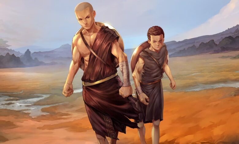 Two warriors walk across a barren landscape, shields on their backs.