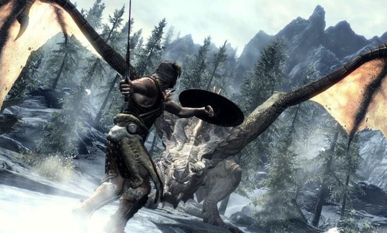 Skyrim character battles a dragon in snowy mountain landscape.