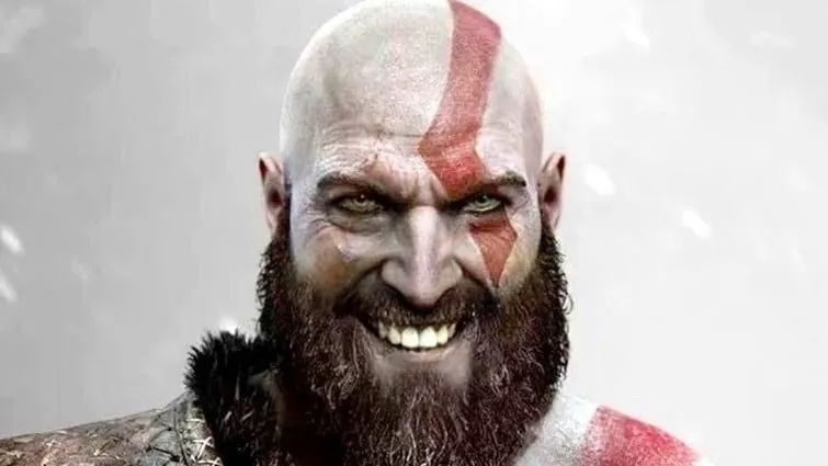 Close-up of Kratos from God of War with a sinister smile.