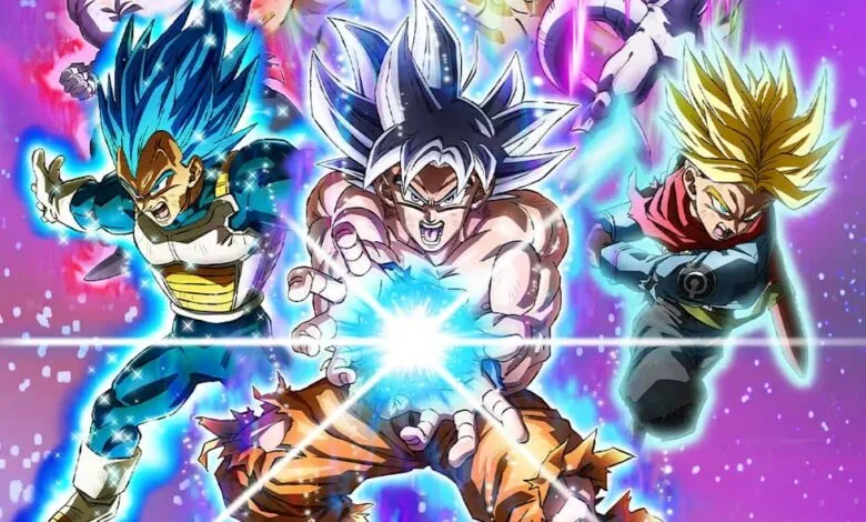 Dragon Ball characters Goku, Vegeta, and Trunks in dynamic poses with energy effects.