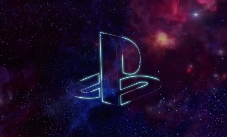 PlayStation logo outlined in neon blue against a cosmic nebula background.