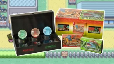 Pokemon merchandise featuring Bulbasaur, Charmander, and Squirtle in a pixelated game world.
