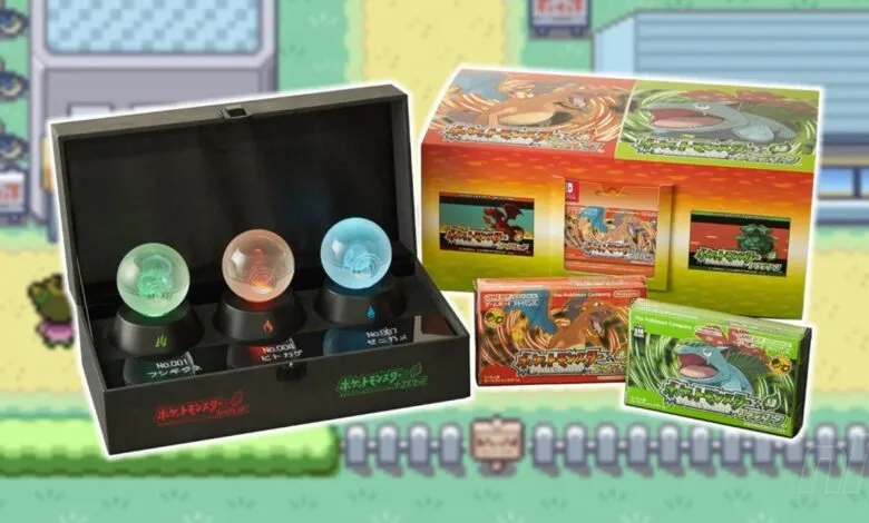 Pokemon merchandise featuring Bulbasaur, Charmander, and Squirtle in a pixelated game world.