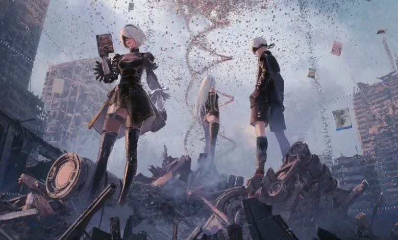 Three figures stand amidst ruins, papers float in the air, creating a somber, post-apocalyptic scene.
